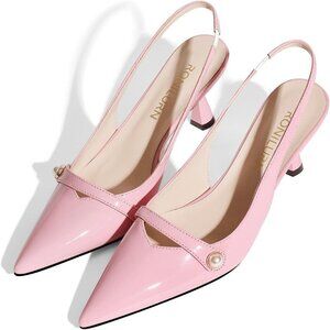 🆕Women Pink Kitten Sling Back Low Heel Pumps Closed Pointed Toe Pearl Heels